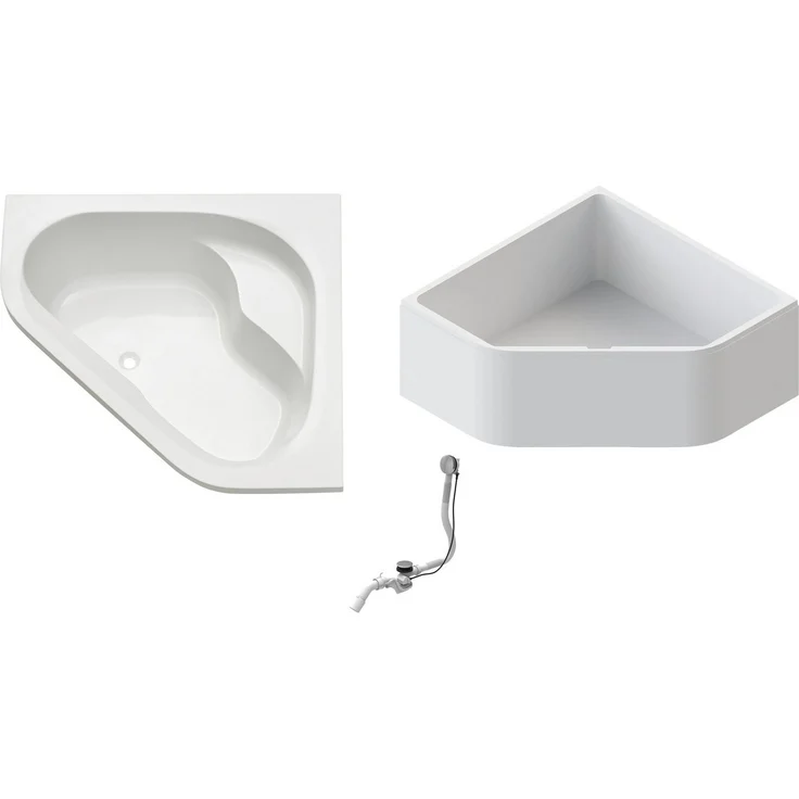 OTTOFOND Eckbadewanne Set, 3-tlg., weiß, 1350 mm mit Hartschaum-Wannenträger, inkl. Ab- und Überlaufgarnitur