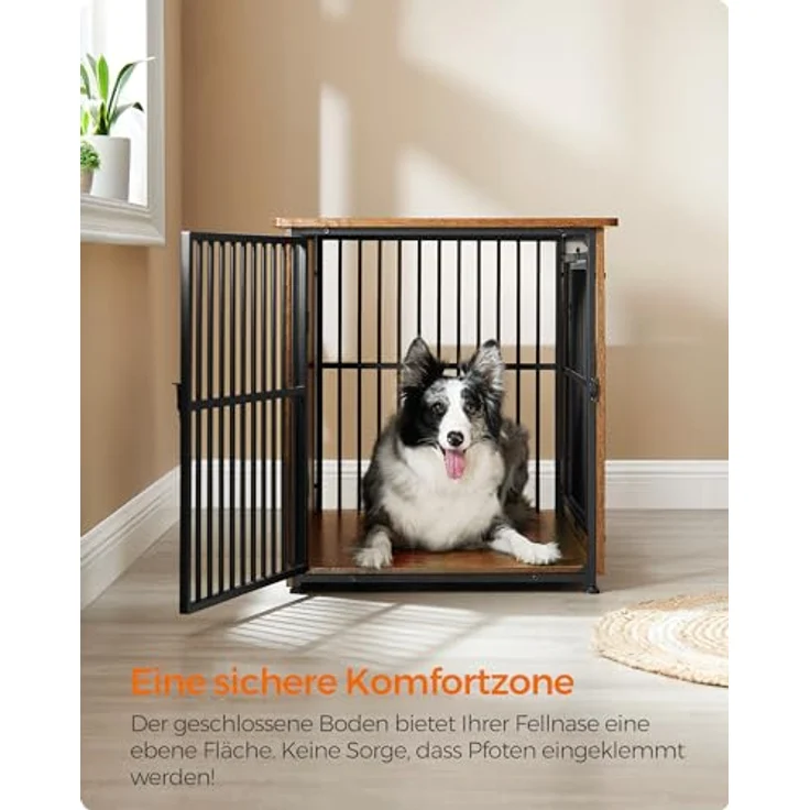 Feandrea Hundekäfig Möbel, Beistelltisch, Hundebox für 32 kg Hunde, vintagebraun, 2 Türen, geschlossener Boden – Bild 4