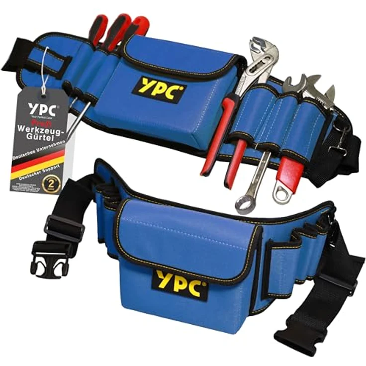 YPC ProBelt – Profi-Werkzeuggürtel mit großer Nageltasche (17x15x5 cm), 7 Steckfächern, verstellbar und in Khaki, Grau oder Blau – Bild 1