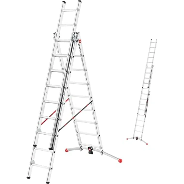 Hailo HobbyLOT 3-teilige Alu-Kombileiter, 3 x 9 Sprossen, belastbar bis 150 kg, mit LOT-System, ausziehbare Anlegeleiter – Bild 1