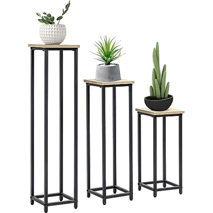 Outsunny Blumenständer im Industriedesign, 3er Set aus Stahl und Holzoptik, für Garten und Balkon, Schwarz+Natur – Bild 2