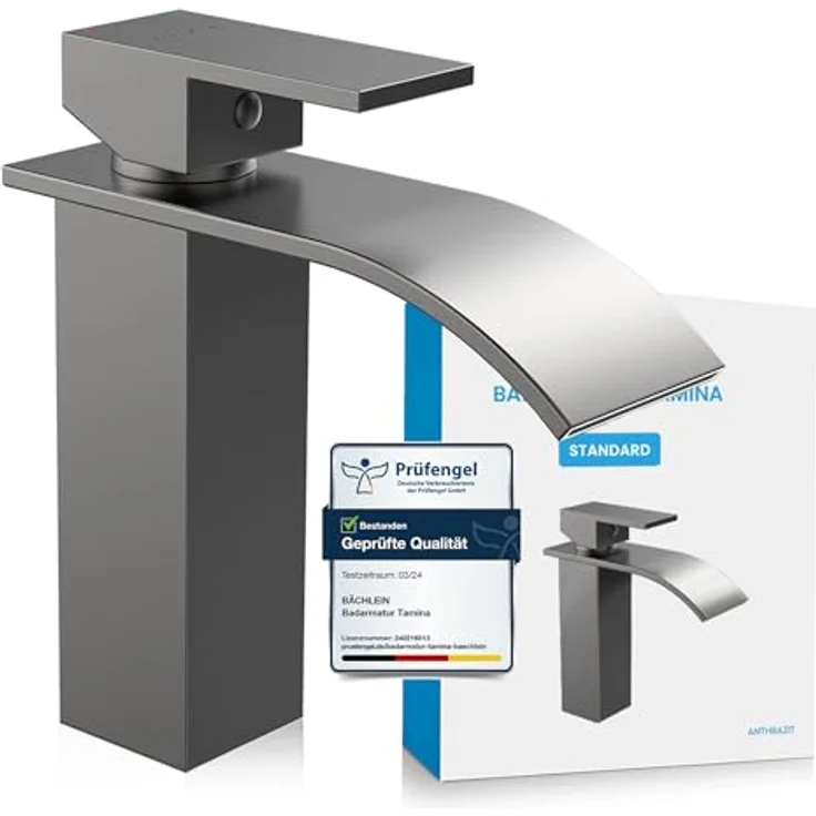 Bächlein Badarmatur Tamina, Wasserfall-Design Einhebelmischer mit Keramikkartusche und Montage-Set, anthrazit – Bild 1