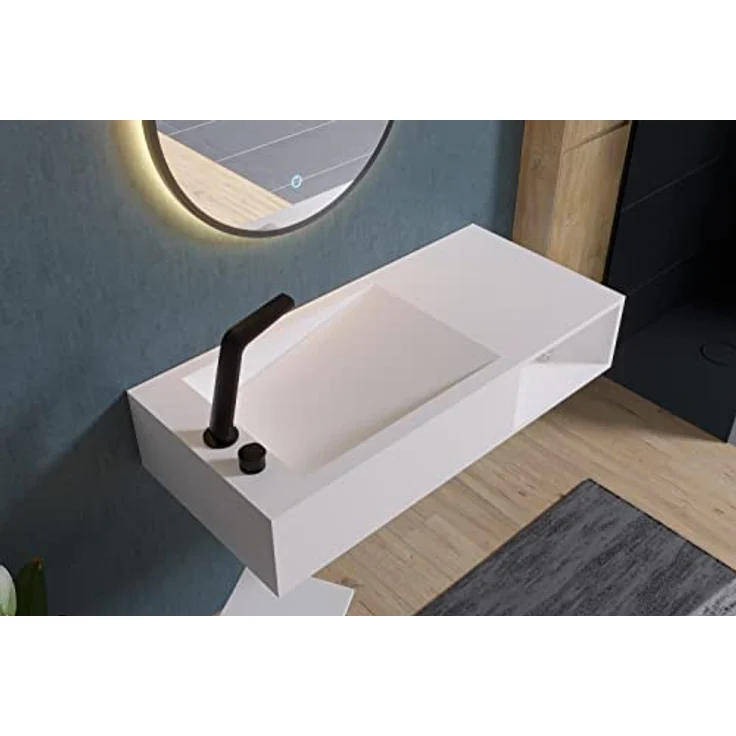 BERNSTEIN Wand-Waschbecken PB2088-100 x 46 x 20 cm Weiß Matt - Mineralguss-Waschtisch Solid Stone - Hänge-Waschbecken mit Ablaufrinne und Ablagefach – Bild 2