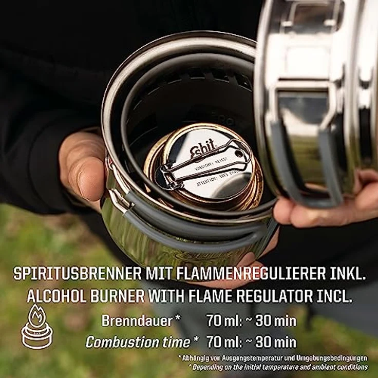 Esbit Campingkocher, kompakter Spiritus-Gaskocher mit 2 Edelstahltöpfen (985 ml und 470 ml), praktischem Netzbeutel und klappbarem Flammenregulierer, Aluminium Stand mit Brenner – Bild 5
