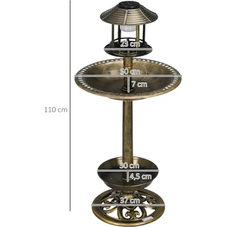 Outsunny Vogeltränke mit Solarleuchte, 110 cm Höhe Vogelbad, Vogelfutterspender, Vogelbecken mit Blumensockel, Wildvogeltränke für Garten, Balkon, Bronze – Bild 5