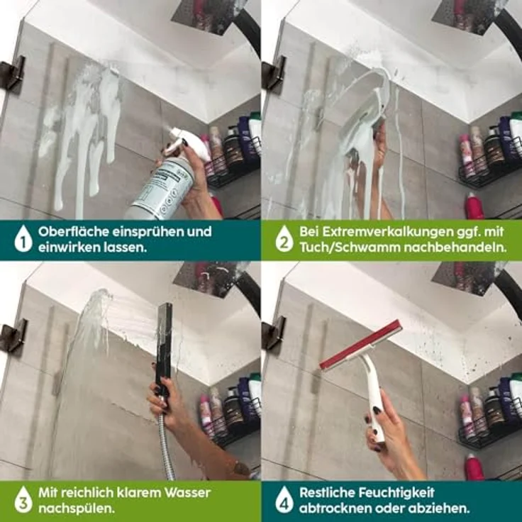 HOTREGA® Duschreiniger Kalkentferner, Glasreiniger für hygienisch saubere Duschkabinen, entfernt Kalk & Seifenreste, mit Abperleffekt und Frischeduft – Bild 3