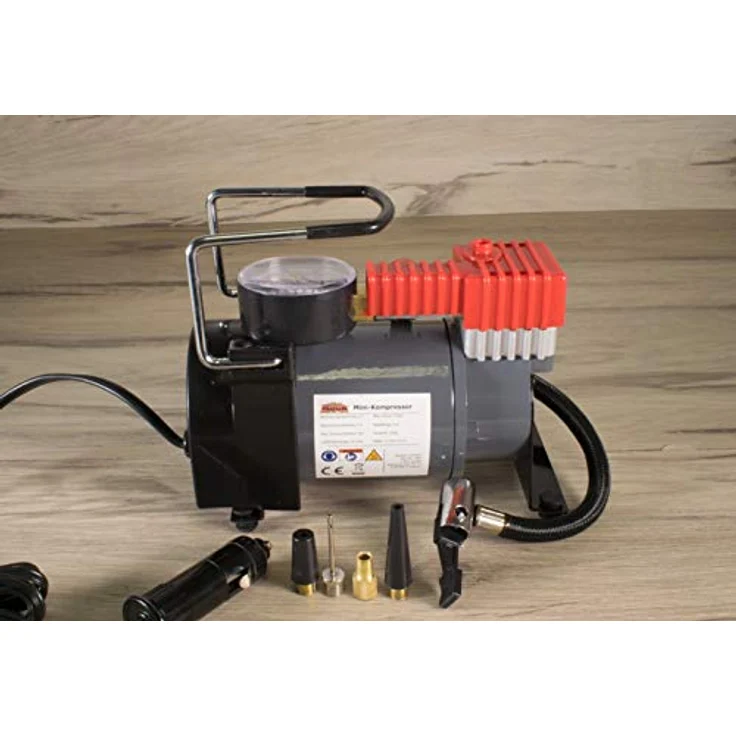 Mauk Mini Kompressor 12V, 10 bar mit Druckmanometer, Anschluss über Zigarettenanzünder, inkl. 4 Adapter – Bild 1