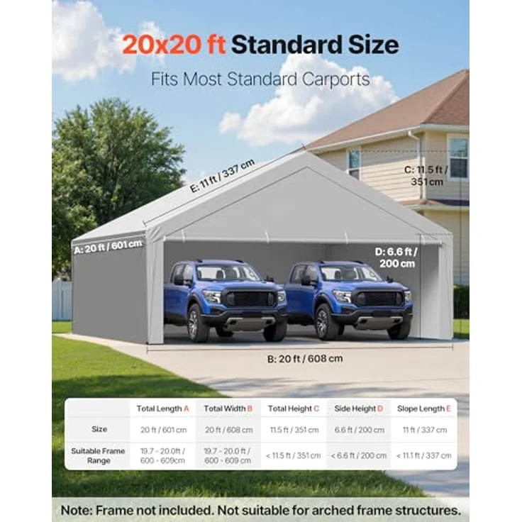 VEVOR Carport-Ersatzdach 6x6 m, tragbare Garagenzeltplane mit UV-beständigem Schutz und Seitenwänden, grau – Bild 2