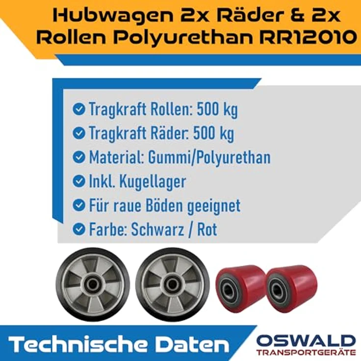 OSWALD Transportgeräte Gabelhubwagen Räder & Rollen Satz, 4-teilig, Gummi/Polyurethan, Tragkraft 500 kg, inkl. Kugellager – Bild 3