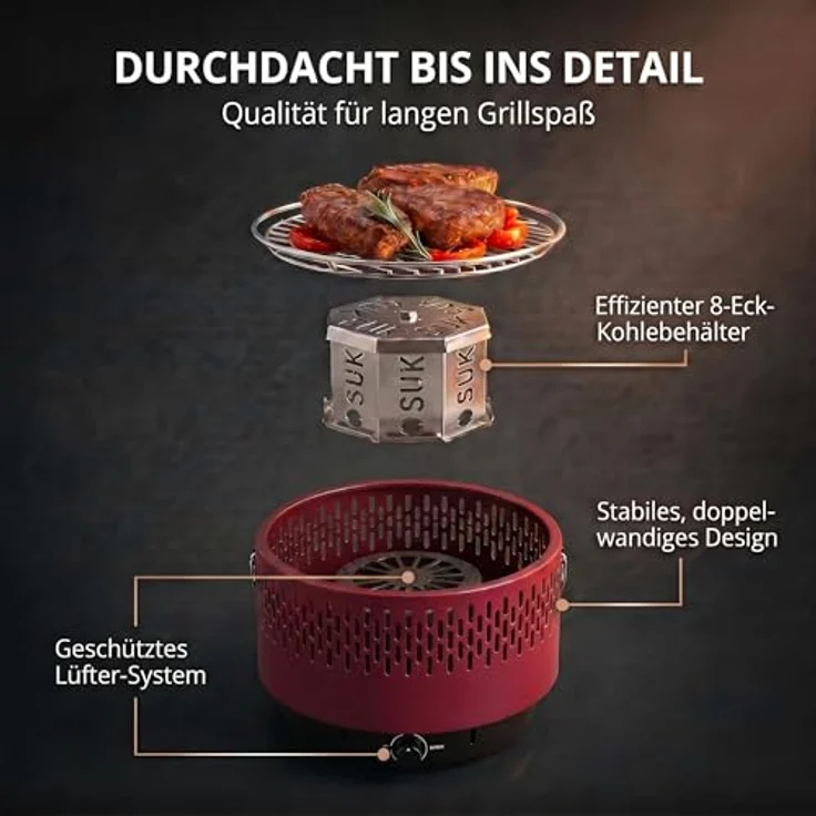 SOUK ONE Tischgrill mit Aktivbelüftung, Holzkohlegrill Grill mit Lüfter, Campinggrill BBQ Outdoor (Rot) – Bild 5