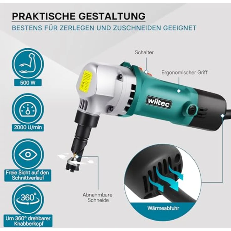 Wiltec Blechknabber 500W mit Schnitttiefe bis 2,5mm und um 360° drehbarer Knabberkopf – Bild 6