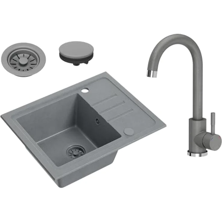 VBChome Spülbecken Granit Grau mit Armatur 55 x 44 cm Einzelbecken Einbauspüle Gesprenkelt Reversibel Granitspüle Grau Siphon Waschbecken Grau Armatur, elegante und langlebige Granitspüle mit praktischer Abtropffläche und hochwertiger grauer Küchenarmatur – Bild 1