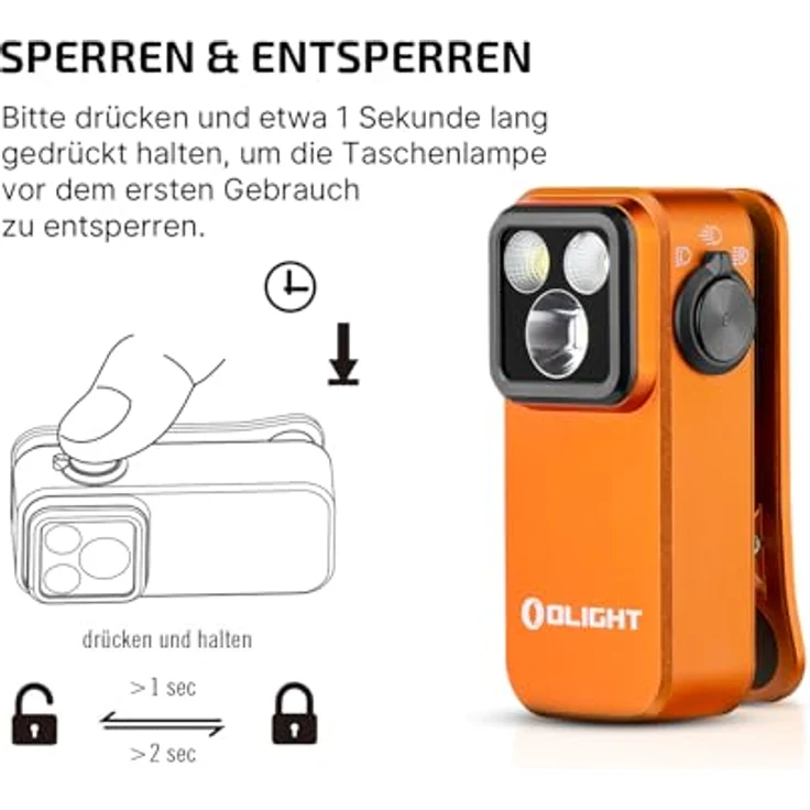OLIGHT Oclip Pro Mini LED Taschenlampe, 500 Lumen, USB-C wiederaufladbar, IPX6, Flutlicht, fokussiertes Licht, Rotlicht, orange – Bild 5