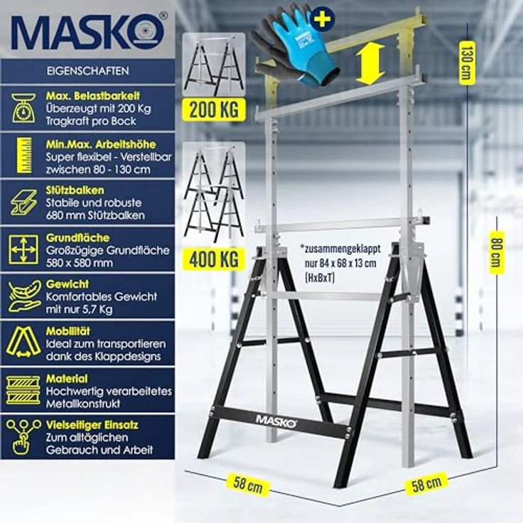 MASKO® Teleskop-Arbeitsbock Untergestell 2-er Set, höhenverstellbar 800-1300 mm, max. Belastbarkeit 200 kg, inkl. rutschfester Arbeitshandschuhe, schwarz – Bild 2