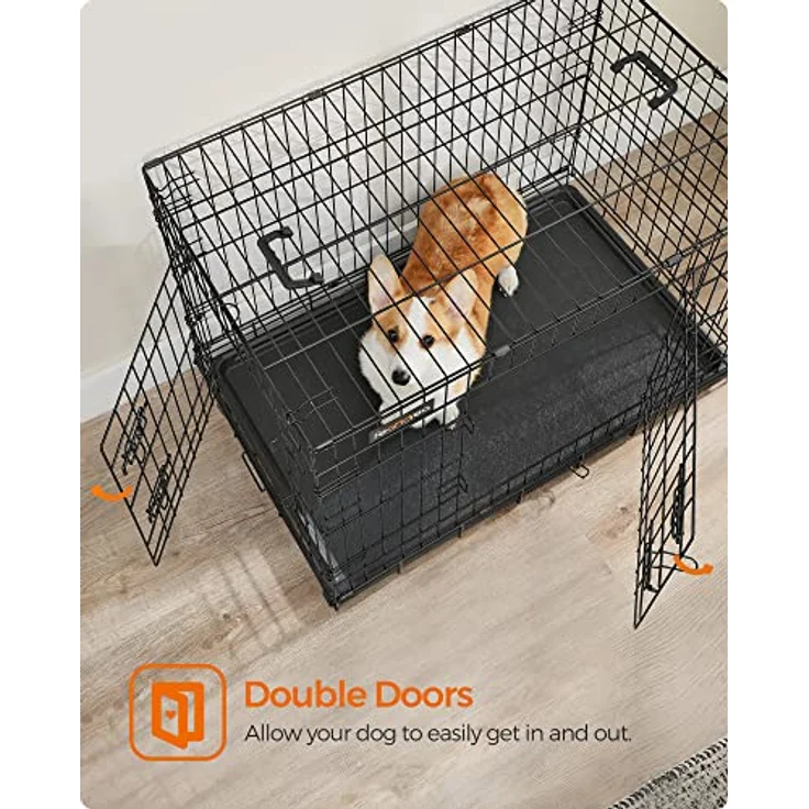 Feandrea Hundekäfig, klappbar, mit 2 Türen, ausziehbare Kunststoffschale, 92,5 x 57,5 x 64 cm, L, schwarz PPD36H – Bild 3