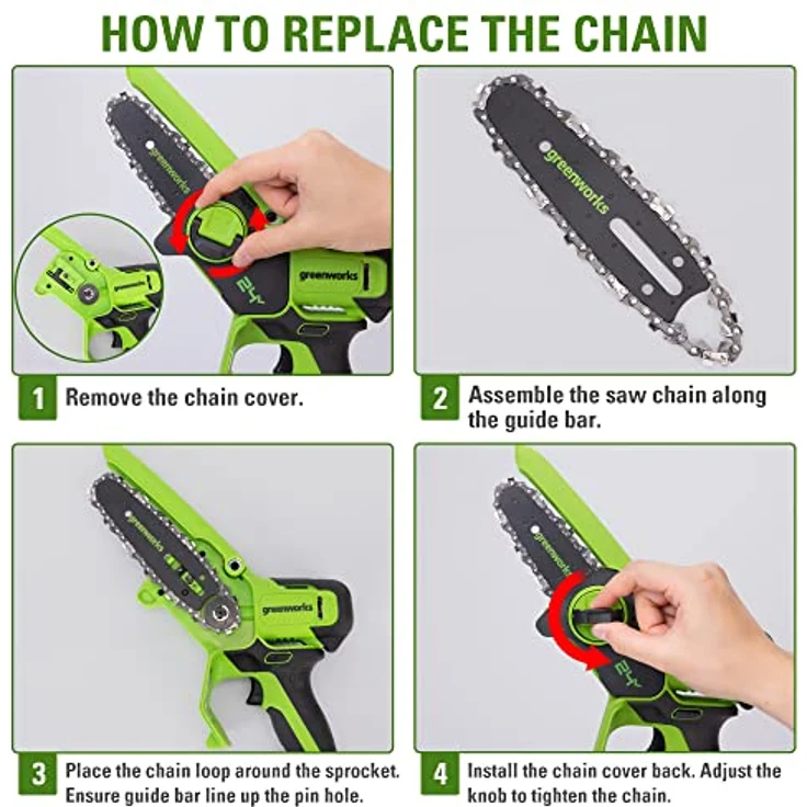 Greenworks G24MCS10K2, 24 Volt Mini Akku Kettensäge mit 450 Watt, Akku und Ladegerät, leicht und handlich – Bild 5