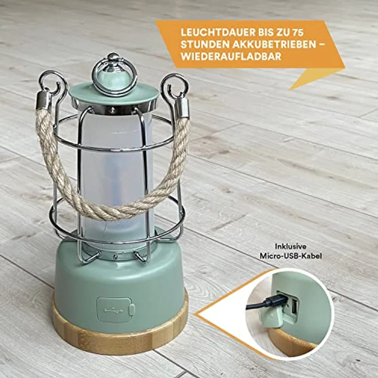 Skandika LED-Lampe Kiruna | Retro Outdoor Campinglampe mit Powerbank, stufenlos dimmbar, kabellos, Akku, aufladbar, USB, warm- und kaltweiß, 75h Leuchtzeit (Kiruna grün) – Bild 5