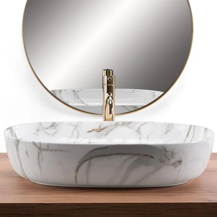Rea Aufsatzwaschbecken CLEO 61 Shiny Aiax Waschtisch Handwaschbecken Waschschale Waschbecken für Badezimmer aus hochwertiger Keramik 41 x 60,5 x 14 cm (Steinimitation) – Bild 4