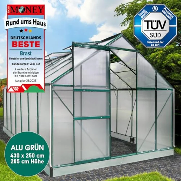 BRAST Gewächshaus Aluminium mit Fundament, 430x250x205cm, TÜV geprüft, 6mm Hohlkammerplatten, rostfrei, wetterfest, temperaturbeständig, grün – Bild 2