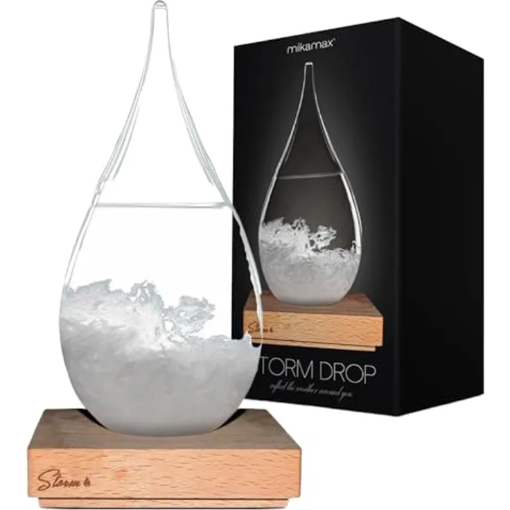 mikamax Storm Glass Drop Large, Wettervorhersage Glas mit Holzstand, Barometer und Wetterstation, Maße 10 x 11 x 23 cm, Geschenkidee für Männer und Frauen