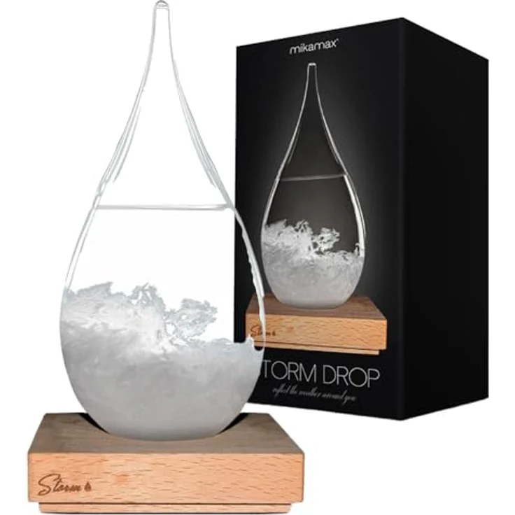 mikamax Storm Glass Drop Large, Wettervorhersage Glas mit Holzstand, Barometer und Wetterstation, Maße 10 x 11 x 23 cm, Geschenkidee für Männer und Frauen – Bild 1