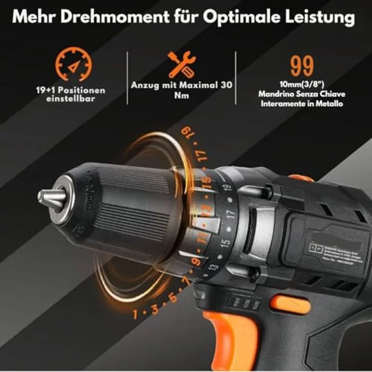 Diyarts Akku-Schrauber, 12V Bohrschrauber, 30Nm, 1350,00 U/min, 19+1 Einstellungen (blau) – Bild 4