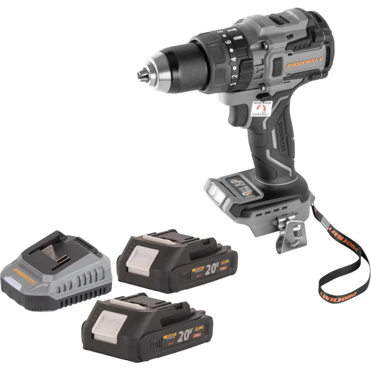 Procraft Industrial CD20B-BB Akku Bohrschrauber 20 V, 150 Nm Brushless mit 2x 2,0 Ah Akku und Ladegerät, LED-Arbeitsleuchte, Kickback Control
