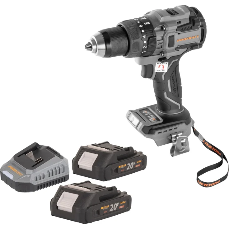 Procraft Industrial CD20B-BB Akku Bohrschrauber 20 V, 150 Nm Brushless mit 2x 2,0 Ah Akku und Ladegerät, LED-Arbeitsleuchte, Kickback Control