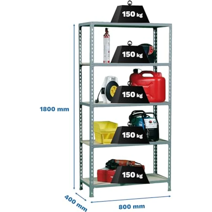 Simonrack Maderclick Mini Metallregal, 180 x 80 x 40 cm, 5 Böden, Traglast 150 kg pro Boden, Stecksystem, grau – Bild 3