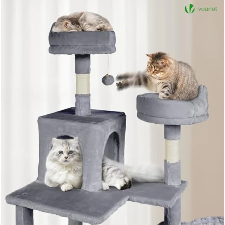 VOUNOT XXL Katzenbaum 215cm, Stabiler Katzenkratzbaum mit Korb Hängematte, Plüschbälle, Dicke Stämme - Beige - Preisvergleich – Bild 4