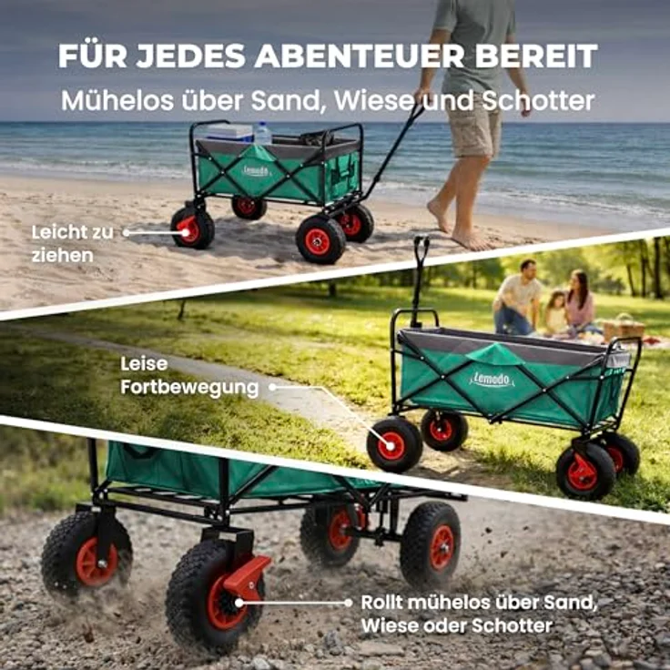 Lemodo Bollerwagen Faltbar mit Luftreifen, 120 kg Tragkraft, klappbarer Handwagen in grün-grau für Strand, Camping & Garten – Bild 4