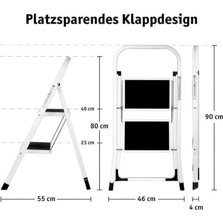 Lefeld 2-Stufen-Leiter klappbar, Tragfähigkeit bis 150 kg, rutschfeste Trittstufen, platzsparendes Design – Bild 3