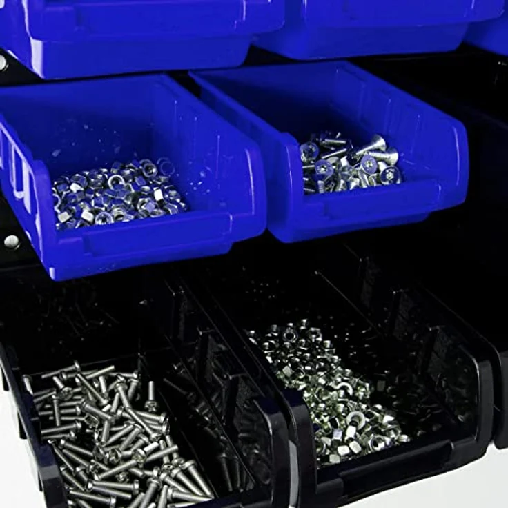MASKO® Stapelboxen + Wandregal + Werkzeughalter 45-teiliges Set Schwarz / Blau - Ordnung für Kleinteile in Werkstatt, Garage und Lager – Bild 2