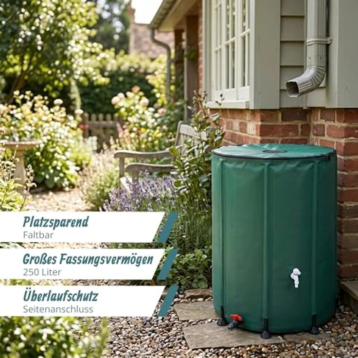 relaxdays Faltbare Regentonne 250l, grün, robuster Wasserspeicher mit Reißverschlussdeckel und zwei Anschlussmöglichkeiten – Bild 2