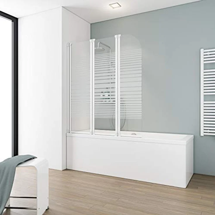 Schulte Badewannenfaltwand Komfort, 125 x 140 cm, 3 mm Sicherheitsglas (ESG) Dekor Querstreifen, Alpinweiß, Duschabtrennung für Badewanne, Duschwand mit Teilrahmung EP1654 04 72 – Bild 2