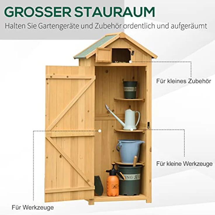 Outsunny Gartenschrank Gartenhaus Gerätehaus Geräteschuppen mit Fachböden Asphaltdach Fenster Holz Gelb+Grün 77 x 54,2 x 179 cm – Bild 4