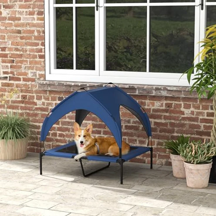 PawHut Erhöhtes Hundebett mit Baldachin, Atmungsaktive Outdoor Hundeliege, Dunkelblau, 91 x 76 x 89 cm für große Hunde – Bild 2