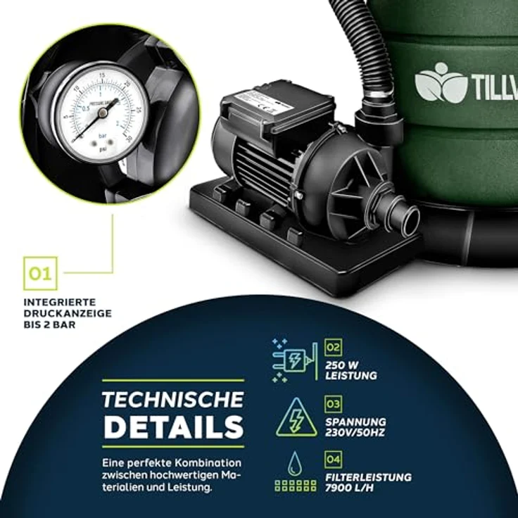 tillvex Sandfilteranlage 7.900L/h, Filteranlage mit 400g Filterbällen, Pumpe und 7-Wege Ventil für Pool und Schwimmbecken – Bild 4