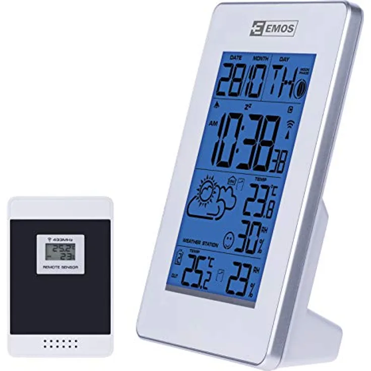 Emos E3003, Wetterstation mit DCF-Funkuhr, LED-Display, weiss, erweiterbar mit bis zu 3 Sensoren, Temperatur- und Feuchtigkeitswarnungen