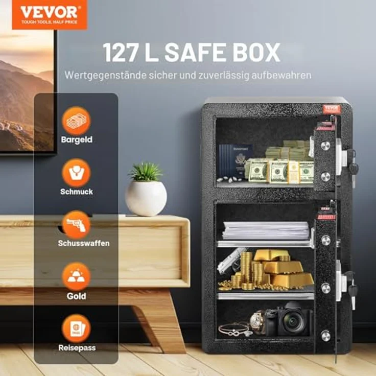 VEVOR Doppeltüren-Safe, 3,5 Kubikfuß, feuerfeste Geldtasche, digitaler Tresor mit 2 höhenverstellbaren Trennwänden, Schlüssel & Code, schwarz – Bild 2