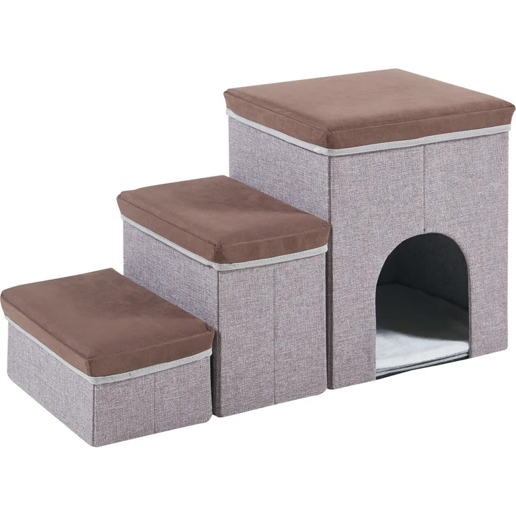 en.casa Hunderampe, »Vojens« bis 30 kg 76x33x43cm Braun / Grau, praktische dreistufige Treppe für Hunde und Katzen, platzsparend zusammenklappbar, gelenkschonend