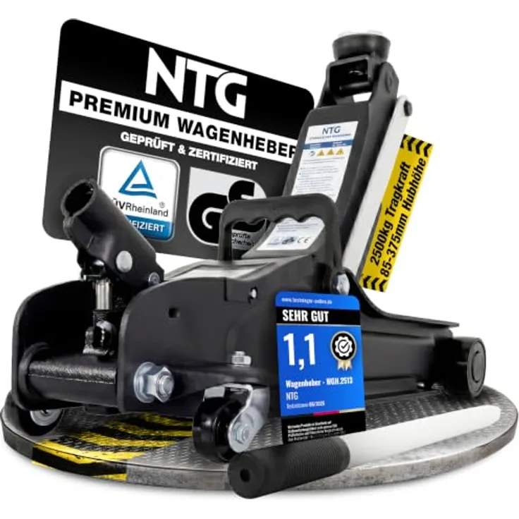 NTG Hydraulischer Wagenheber WGH.2513, 2,5T Traglast, Hubhöhe 85-375mm, TÜV-zertifiziert, flach für tiefe PKW