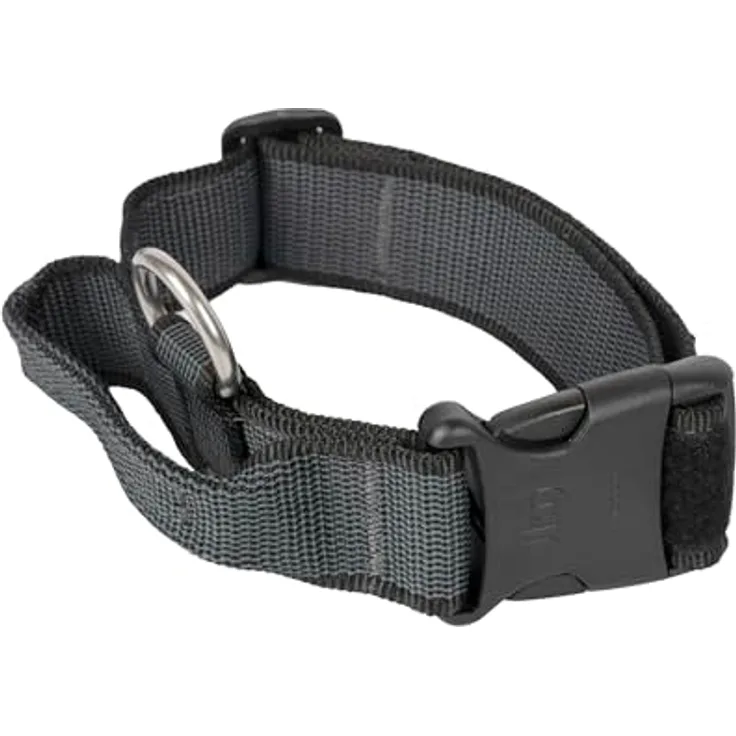 Julius-K9 Hunde-Halsband mit Griff, schwarz/grau, extra starke Sicherheitsschnalle, leicht zu reinigen, mit Klettfläche für Etiketten