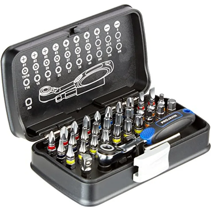 Projahn Color-Bit-Box 1/4" mit Mini-Bit-Knarre, 33-teiliges Set mit markierten Bits