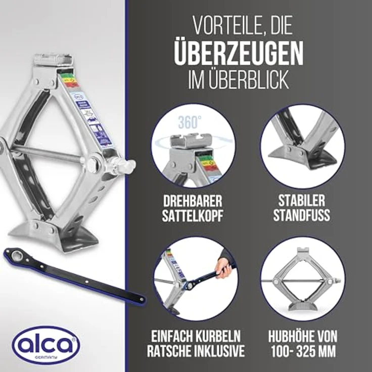 alca Wagenheber Scherenwagenheber mit Ratsche 1t Universal Hubhöhe 100 - 350mm, leicht und robust, drehbarer Sattel, 2 kg, schwarz – Bild 5