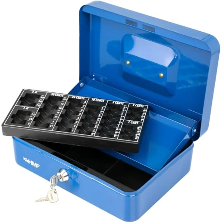 HMF 10022-05 Geldkassette abschließbar mit Münzzählbrett | 25 x 18 x 9 cm | Blau, Sicherheitszylinderschloss und herausnehmbarer Münzeinsatz – Bild 3