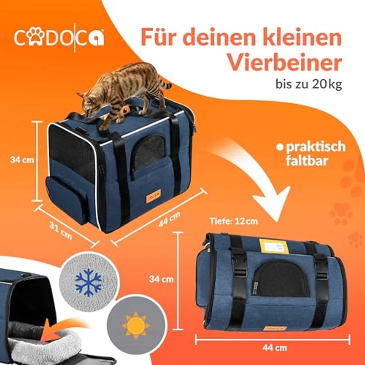 Cadoca Tiertransportbox, faltbare Transporttasche für Hund und Katze, blauer Stoff, mit wendbarem Liegekissen, Reflektoren und faltbarem Trinknapf – Bild 2