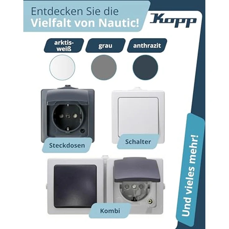 Kopp Abdeckrahmen 138515009, Aufputz-Feuchtraum Kombination, anthrazit, IP44 Schutzart, 16A Steckdose, Wechselschalter – Bild 6