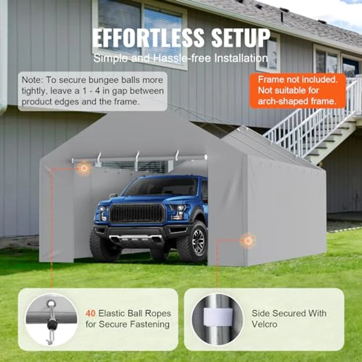 VEVOR Carport-Garagenzelt Seitenwand 6000 x 3950 x 1950 mm, strapazierfähig, wasserdicht und UV-geschützt, grau – Bild 5