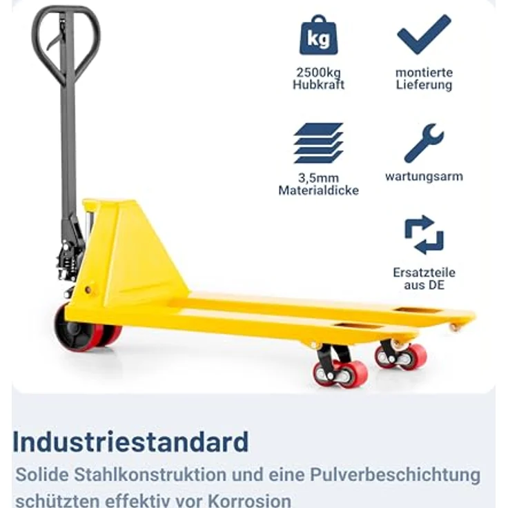 Pallit Handhubwagen COLOR, Palettenwagen mit 2500kg Tragkraft, 1150mm Gabellänge, gelb, Robuster Industrie-Stahlrahmen mit PU-Rollen – Bild 5